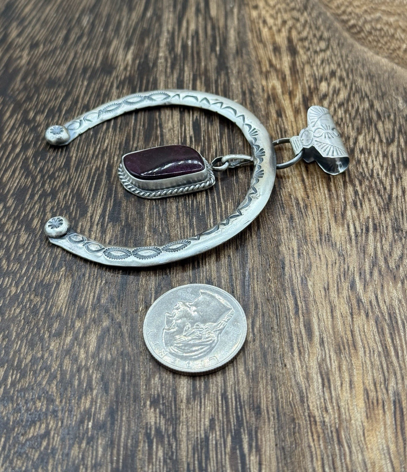 Navajo Handmade Sterling Silver Stamped Red Spiny Oyster Shell Naja Pendant