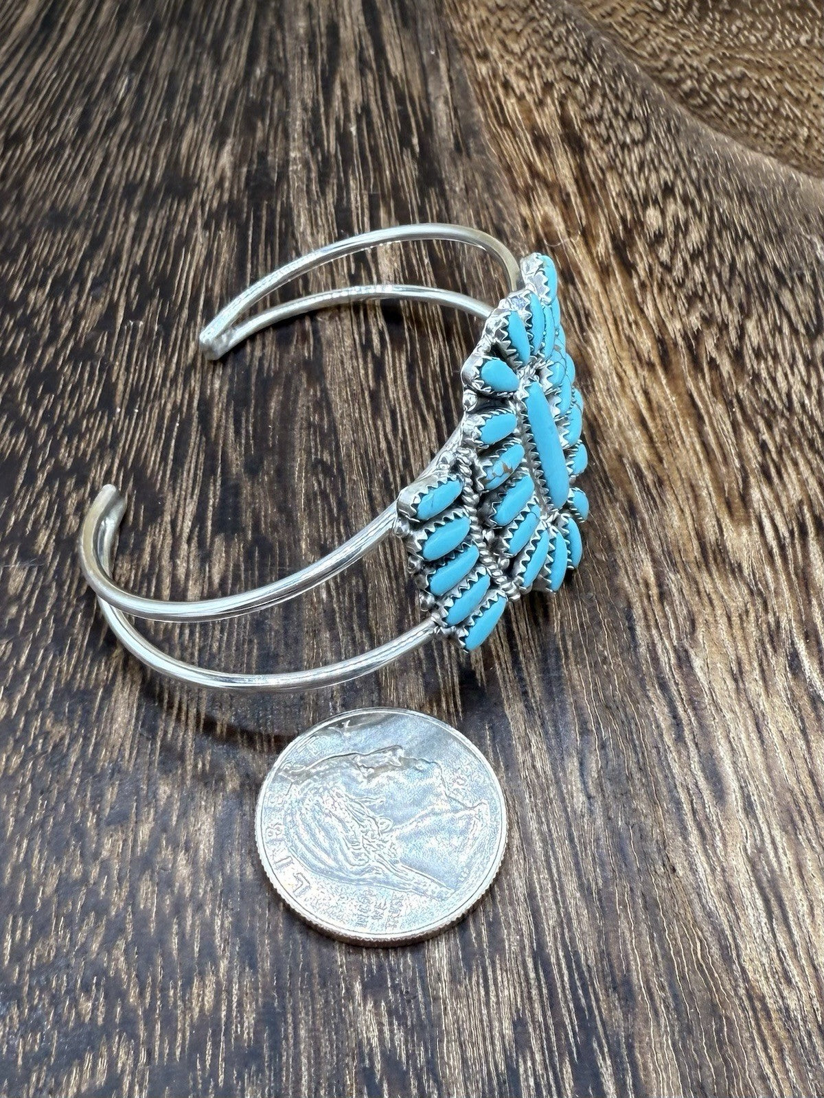 Navajo Handmade Sterling Silver Turquoise Traditional Cluster Cuff Bracelet