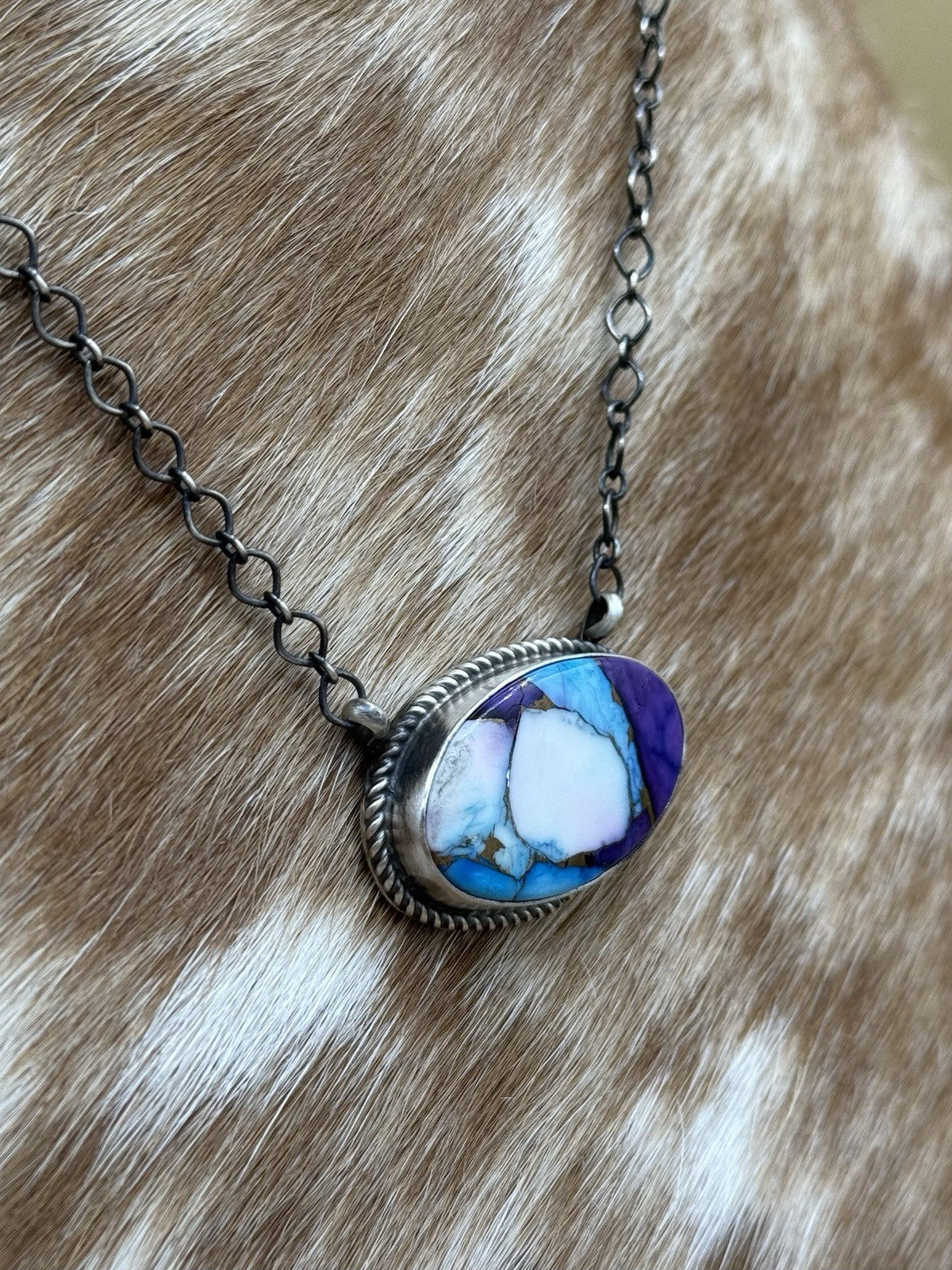 Navajo Handmade Sterling Silver Violet Rose & Blue Dahlia Bar Necklace 18”