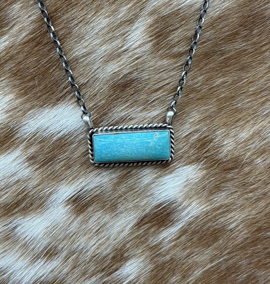 Native Navajo Handmade Sterling Silver Kingman Turquoise Bar Necklace 18”