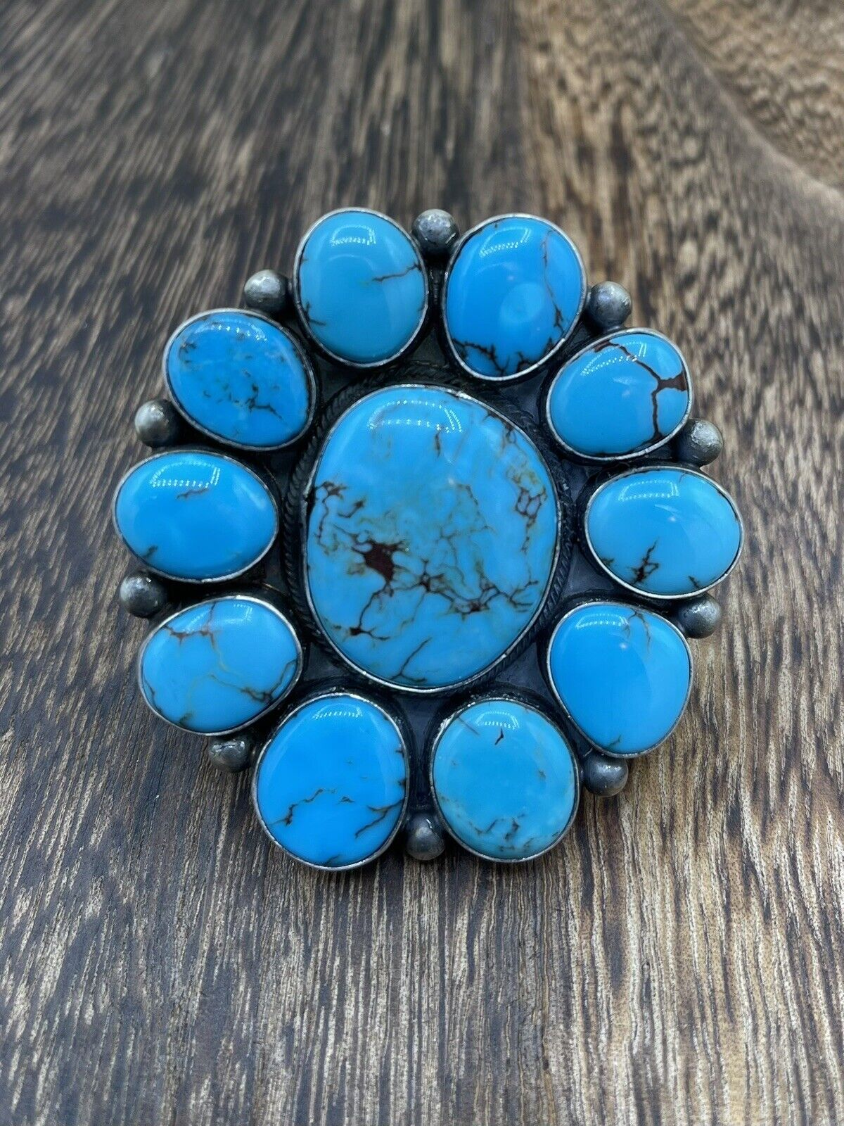 Native American Navajo Handmade Sterling Silver Turquoise Cluster Ring Size 7