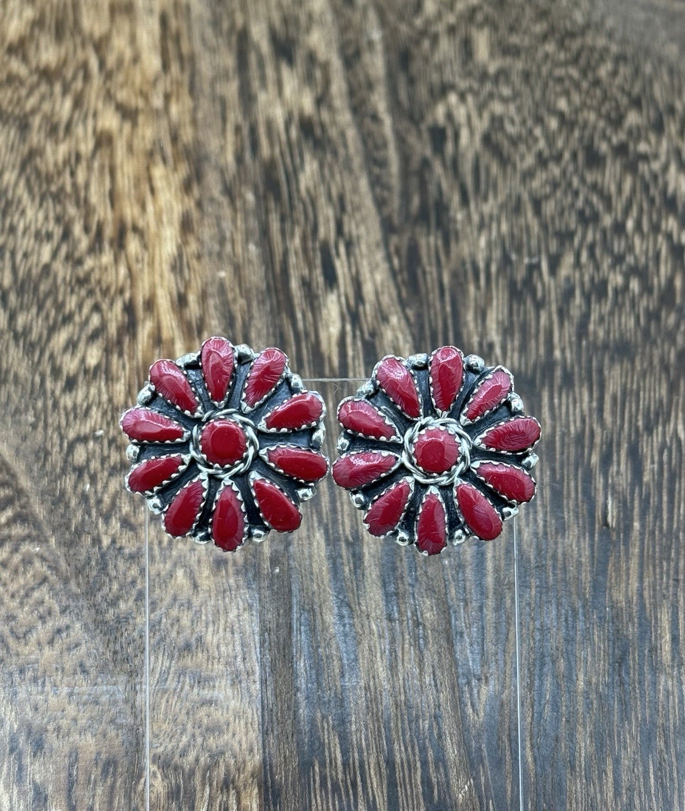 Native American Navajo Handmade Sterling Silver Red Coral Cluster Stud Earrings