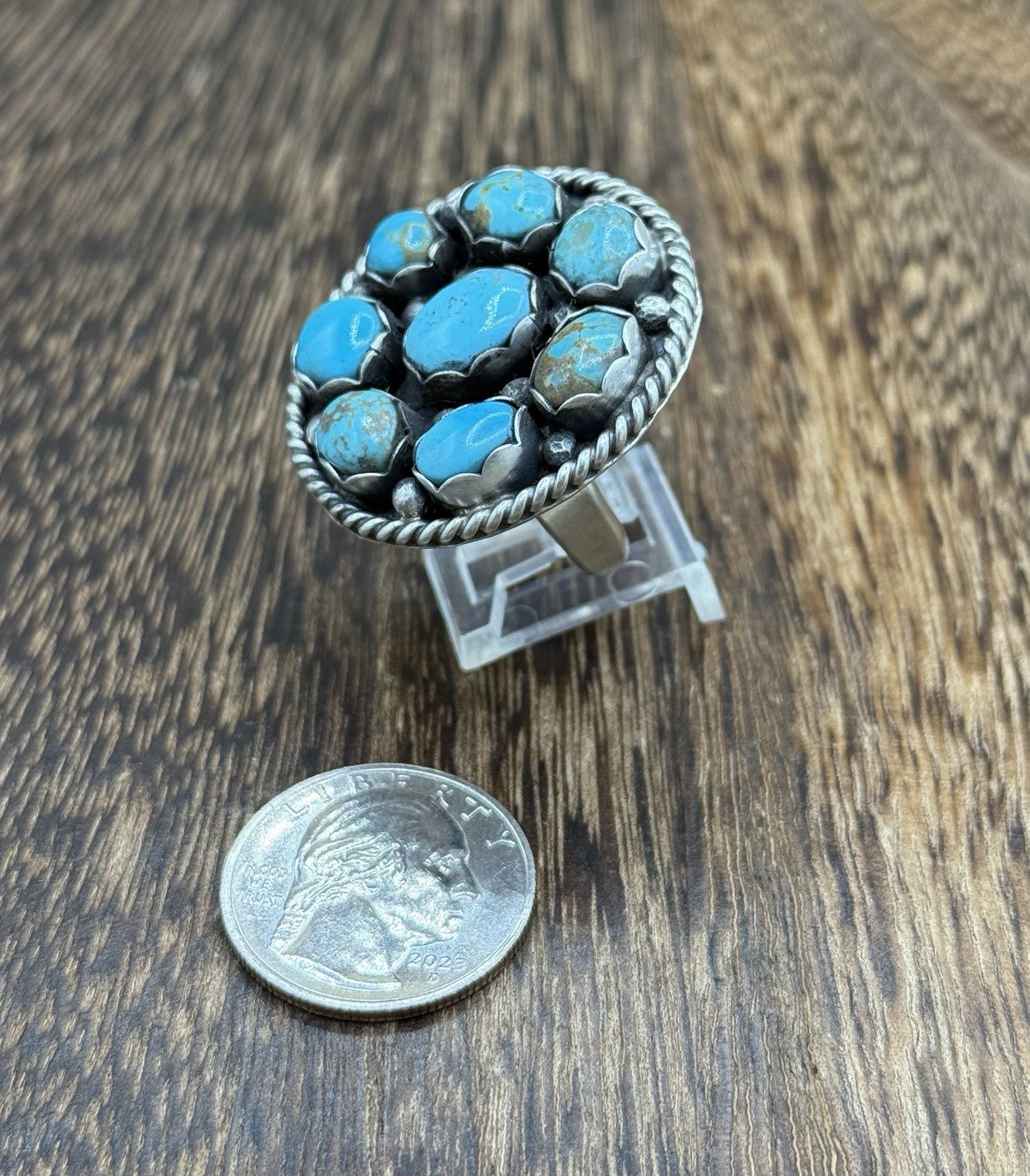 Navajo Handmade Sterling Silver Kingman Turquoise Adjustable Ring Size 7 To 9