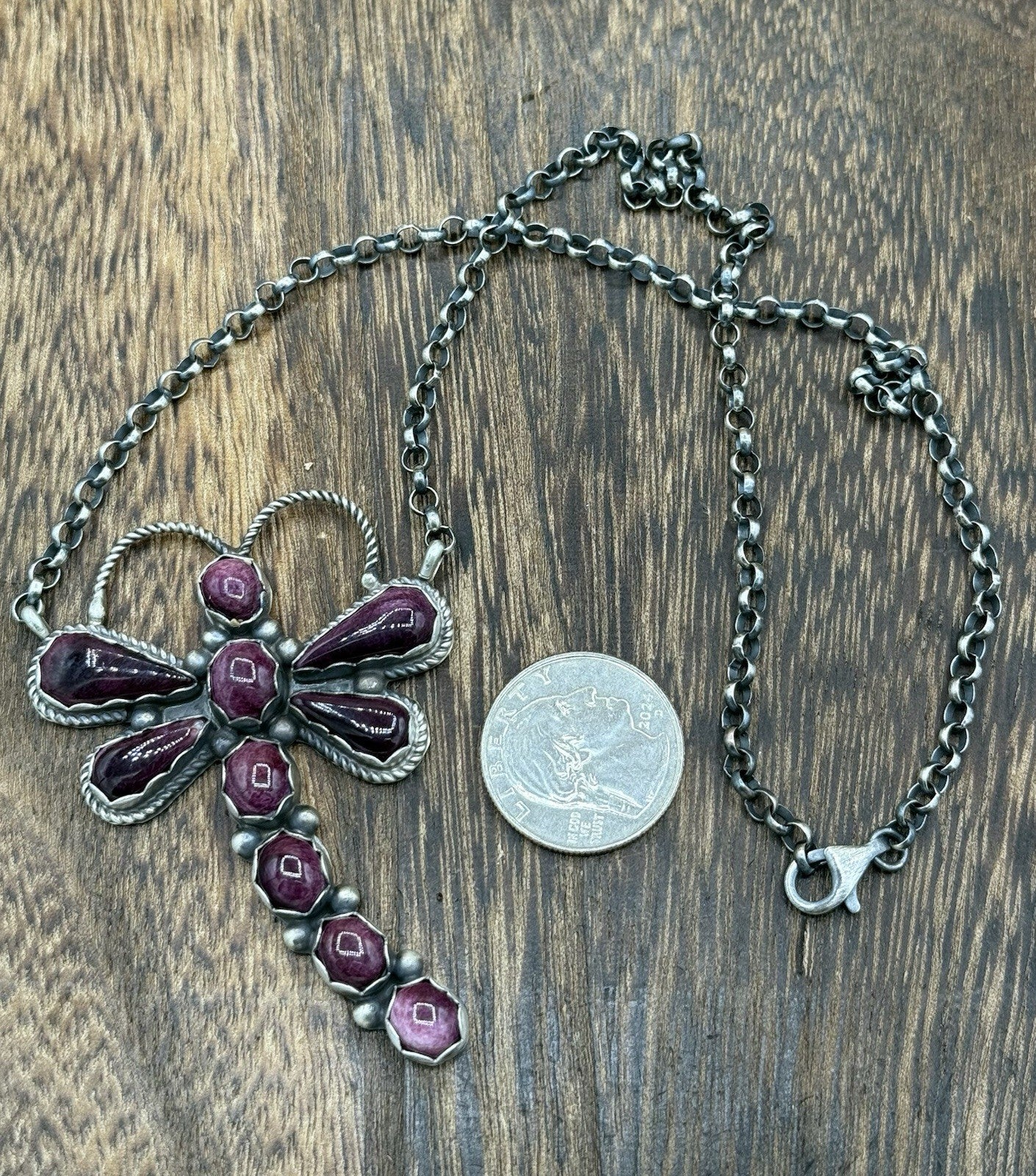 Navajo Handmade Sterling Silver Purple Spiny Oyster Dragonfly Bar Necklace 18”
