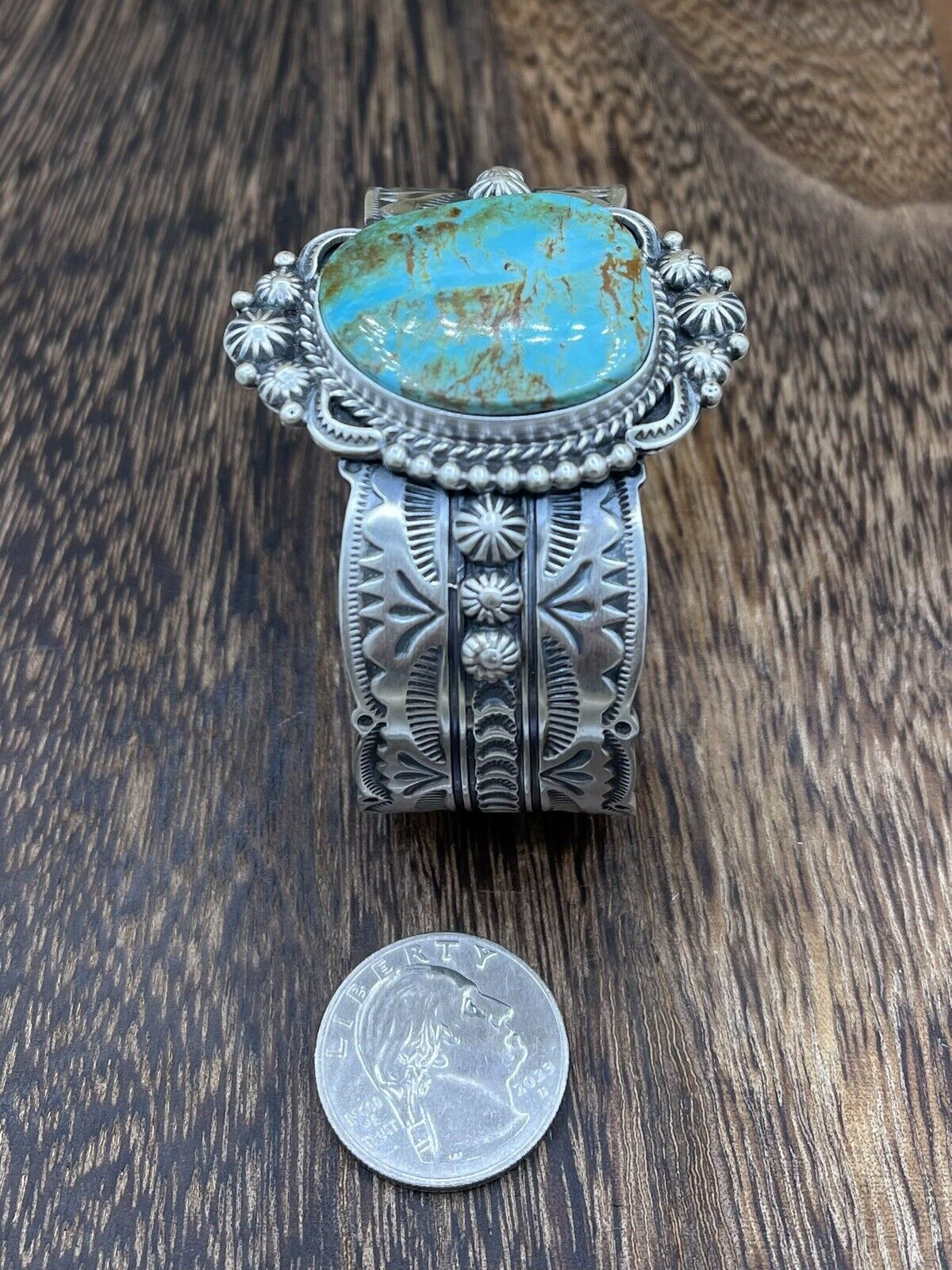 Native American Navajo Handmade Silver Kingman Turquoise Cuff Bracelet Bennie R.