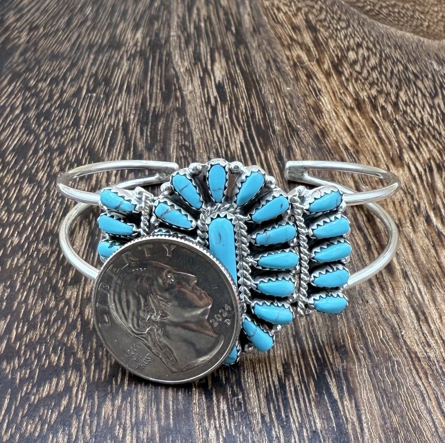 Navajo Handmade Sterling Silver Turquoise Traditional Cluster Cuff Bracelet
