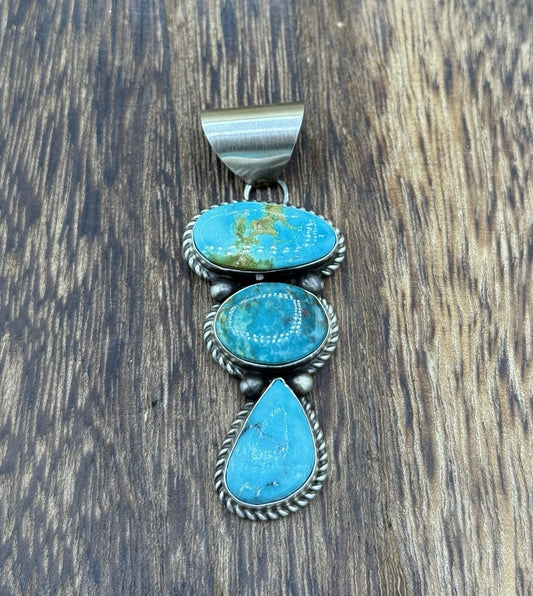 Native Navajo Handmade Sterling Silver Blue Bird Turquoise Cluster Drop Pendant