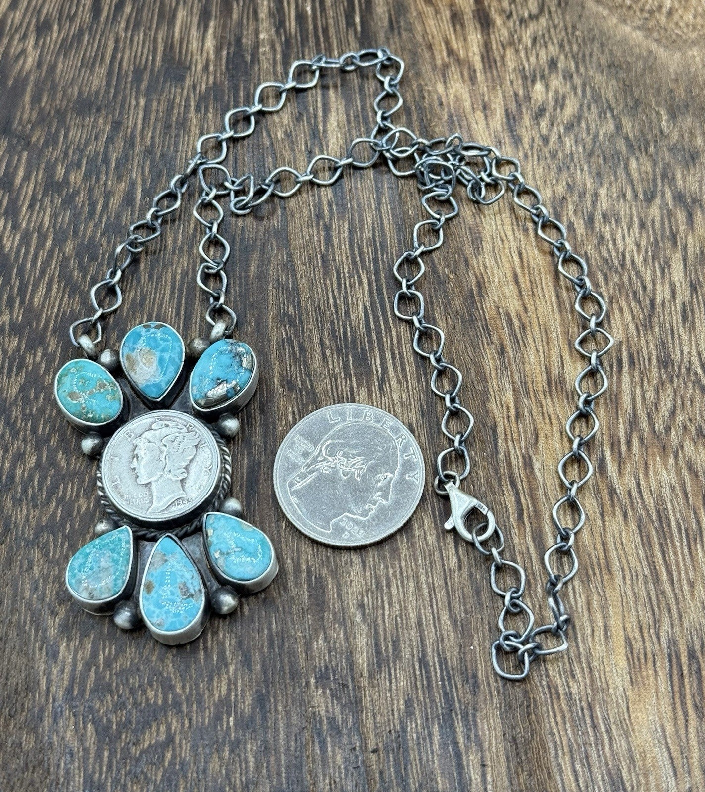 Navajo Handmade Silver White Water Turquoise Liberty Coin Cluster Necklace 18”