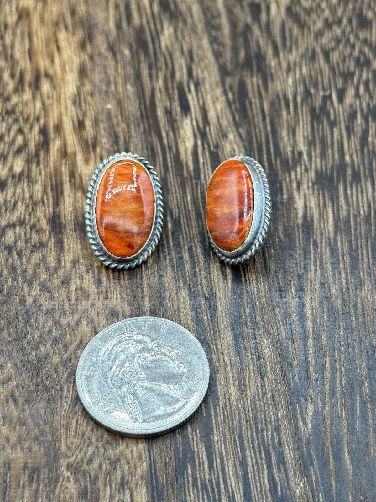 Navajo Handmade Sterling Silver Orange Spiny Oyster Post Earrings By Byron Begay