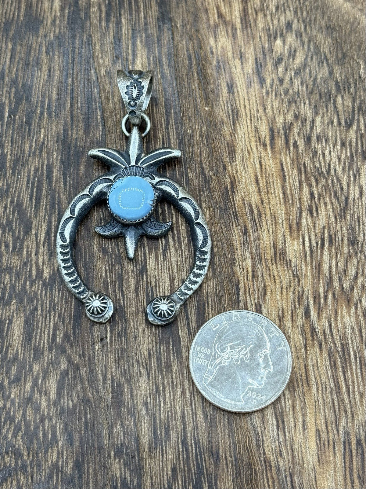 Navajo Handmade Sterling Silver Old Look Golden Hills Turquoise Naja Pendant