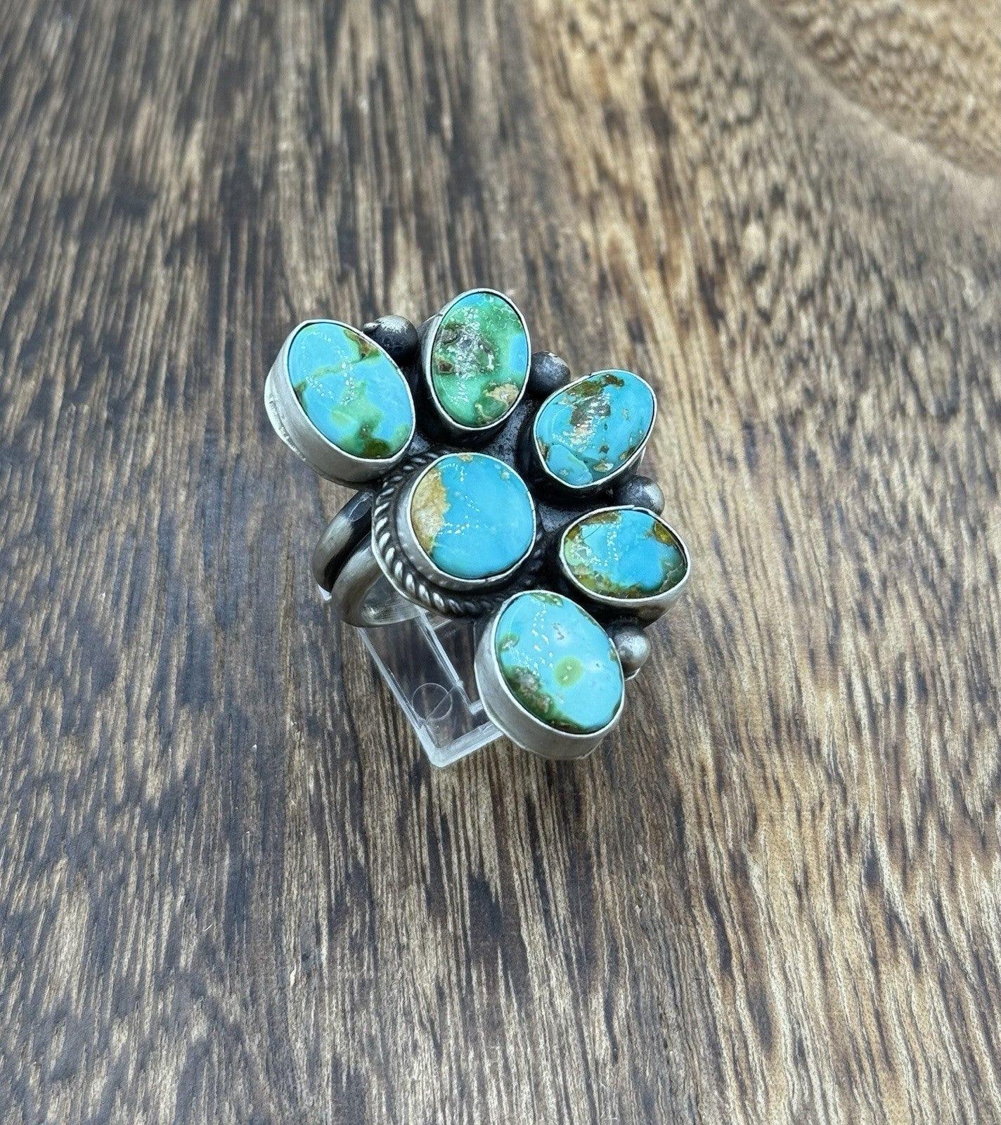 Navajo Handmade Sterling Silver Sonoran Gold Turquoise Half Cluster Ring Size 8