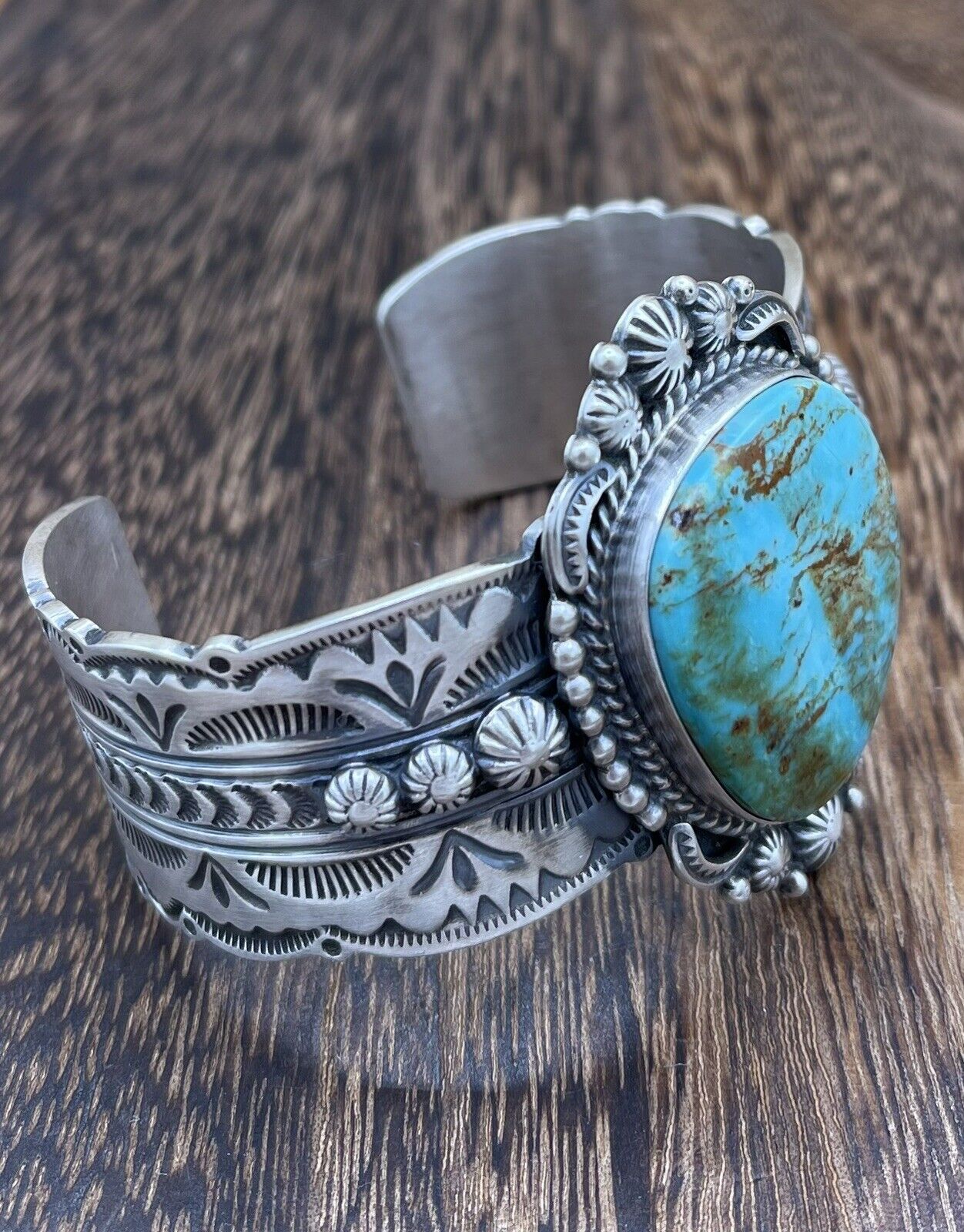 Native American Navajo Handmade Silver Kingman Turquoise Cuff Bracelet Bennie R.