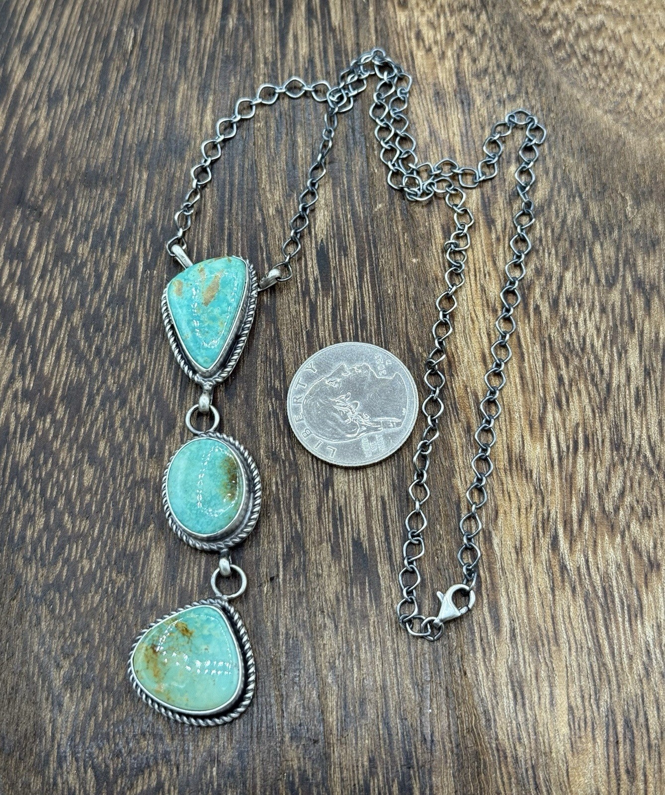 Native Navajo Handmade Sterling Silver Kingman Turquoise Lariat Necklace 18”
