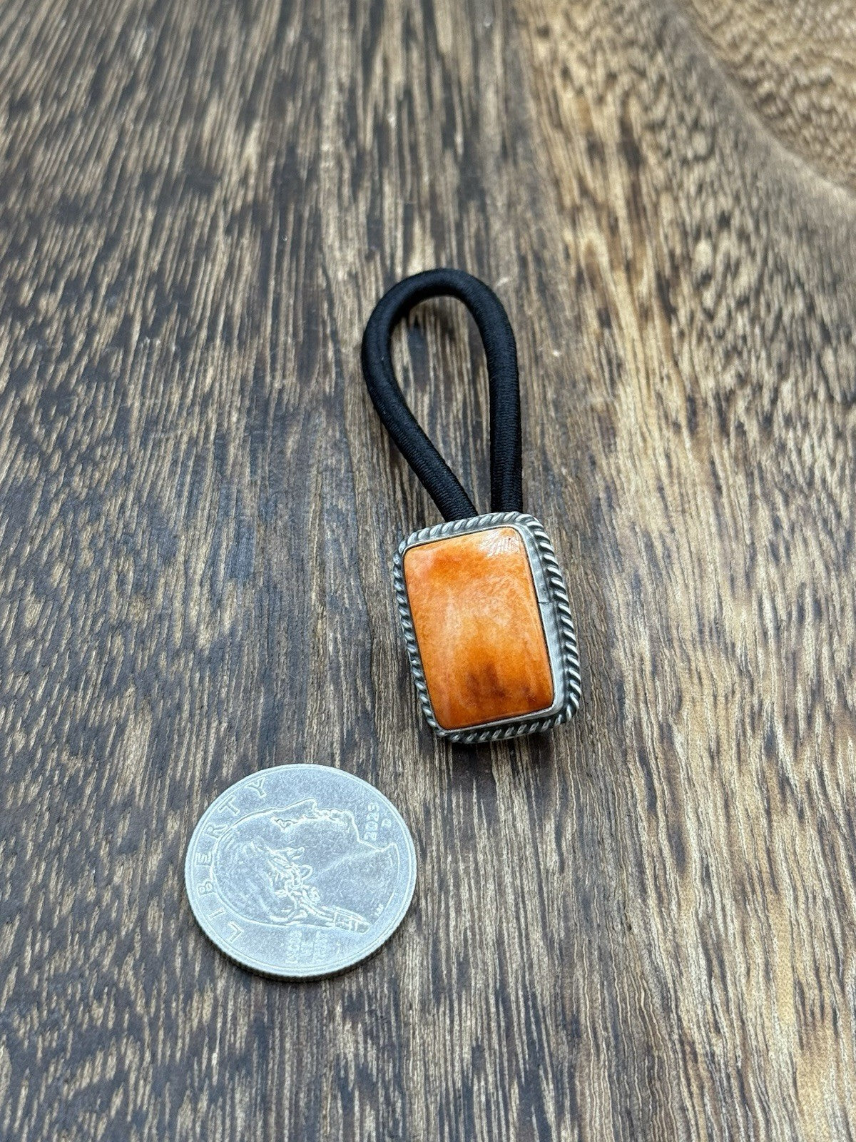 Native American Navajo Handmade Sterling Silver Orange Spiny Oyster Hair Tie