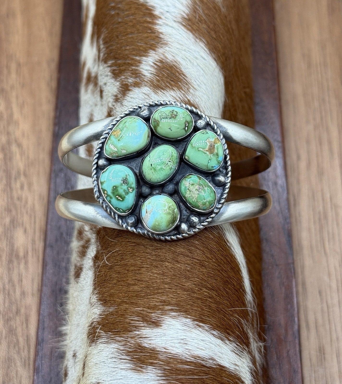Navajo Handmade Sterling Silver Sonoran Gold Turquoise Cluster Cuff Bracelet