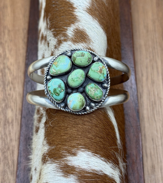 Navajo Handmade Sterling Silver Sonoran Gold Turquoise Cluster Cuff Bracelet