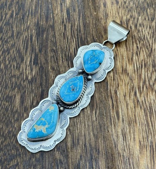 Native Navajo Handmade Sterling Silver Blue Bird Turquoise Stamped Drop Pendant