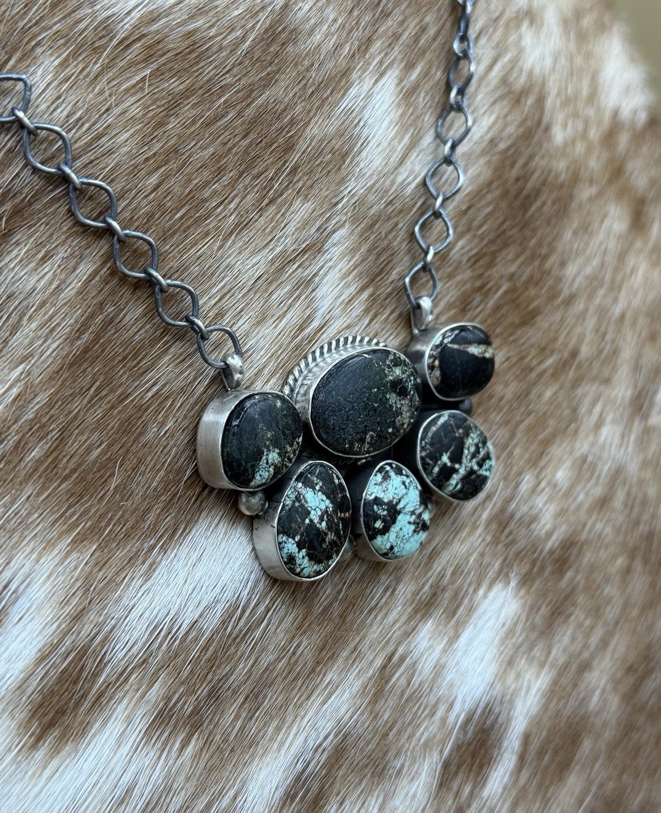 Navajo Handmade Sterling Silver Black Jack Turquoise Cluster Bar Necklace 18”
