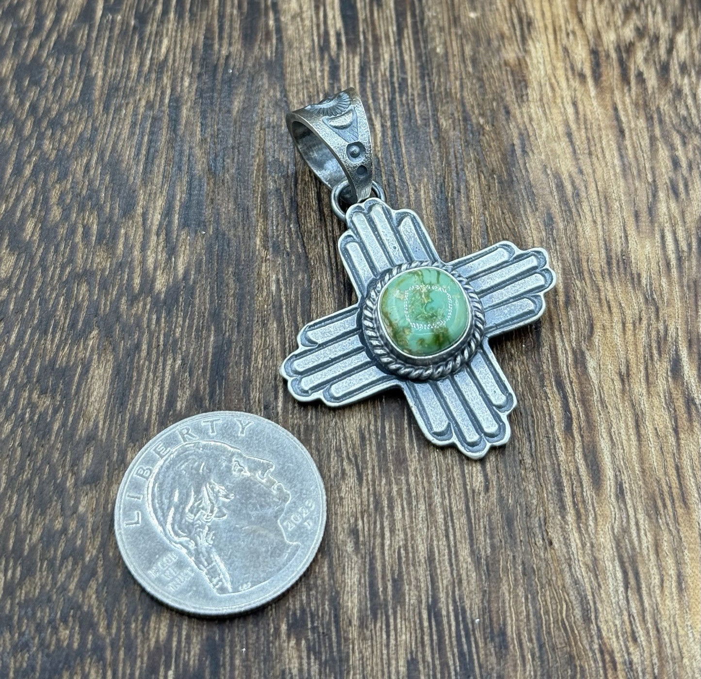 Navajo Handmade Sterling Silver Old Look Sonoran Gold Turquoise Zia Pendant