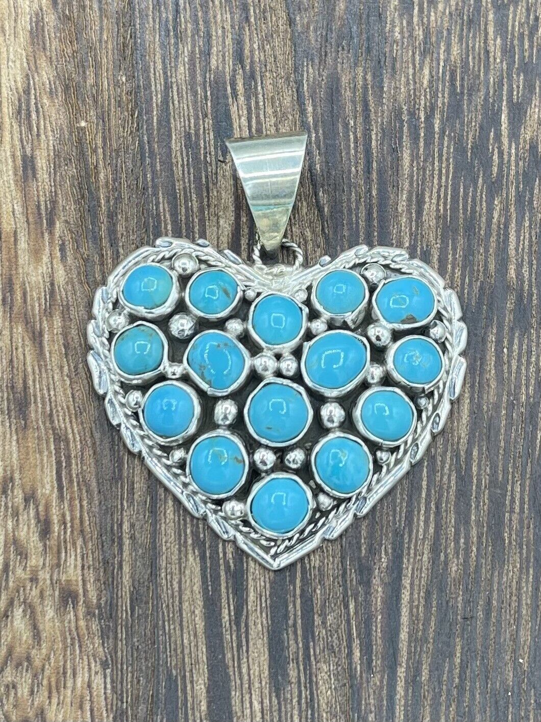 Native American Sterling Silver Navajo Handmade Natural  Turquoise Heart Pendant