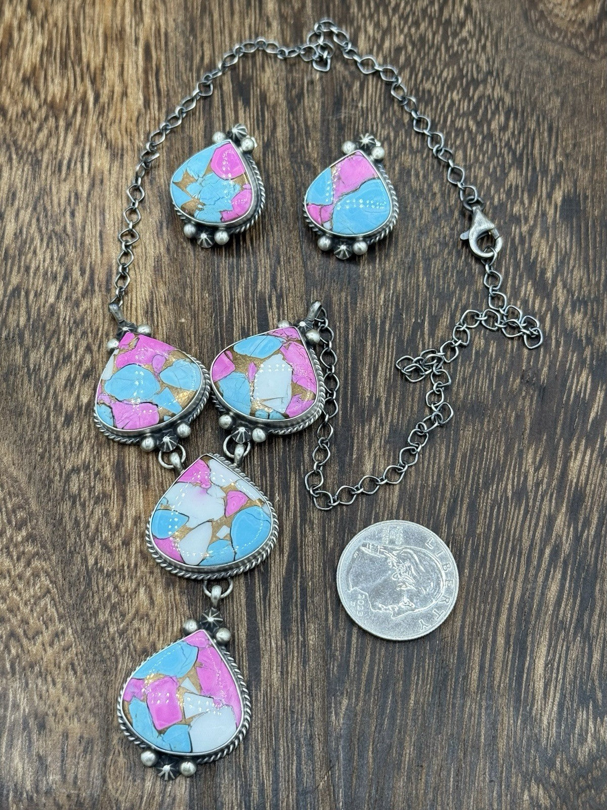 Navajo Handmade Sterling Silver Cotton Candy Dahlia Lariat Necklace Set 18”