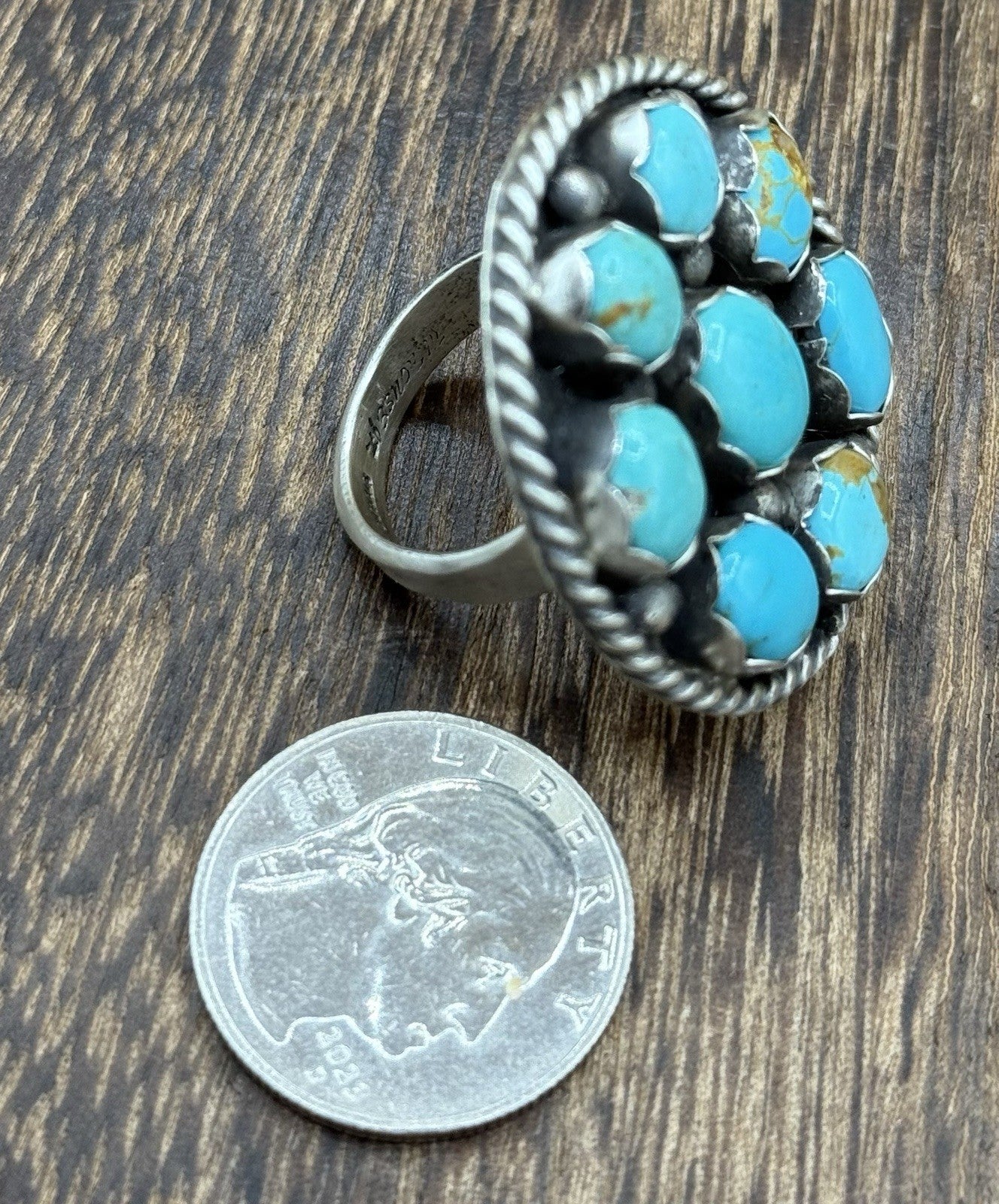 Navajo Handmade Sterling Silver Kingman Turquoise Adjustable Ring Size 7 To 9