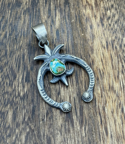 Navajo Handmade Sterling Silver Old Look Sonoran Gold Turquoise Naja Pendant