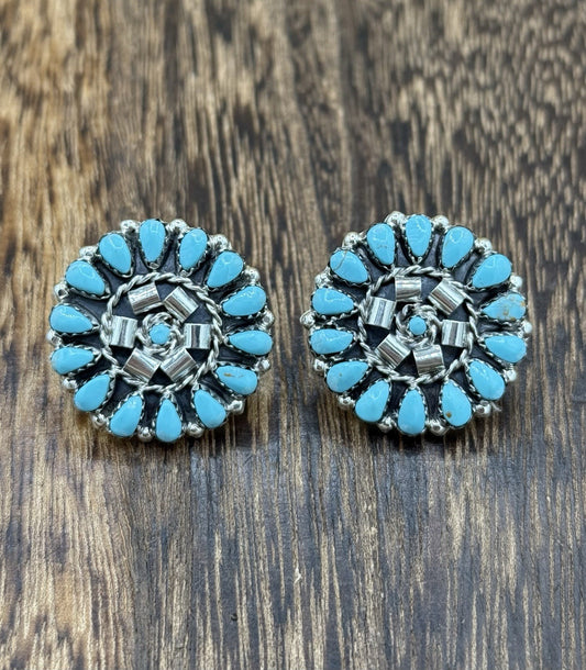 Native American Navajo Handmade Sterling Silver Turquoise Cluster Post earrings
