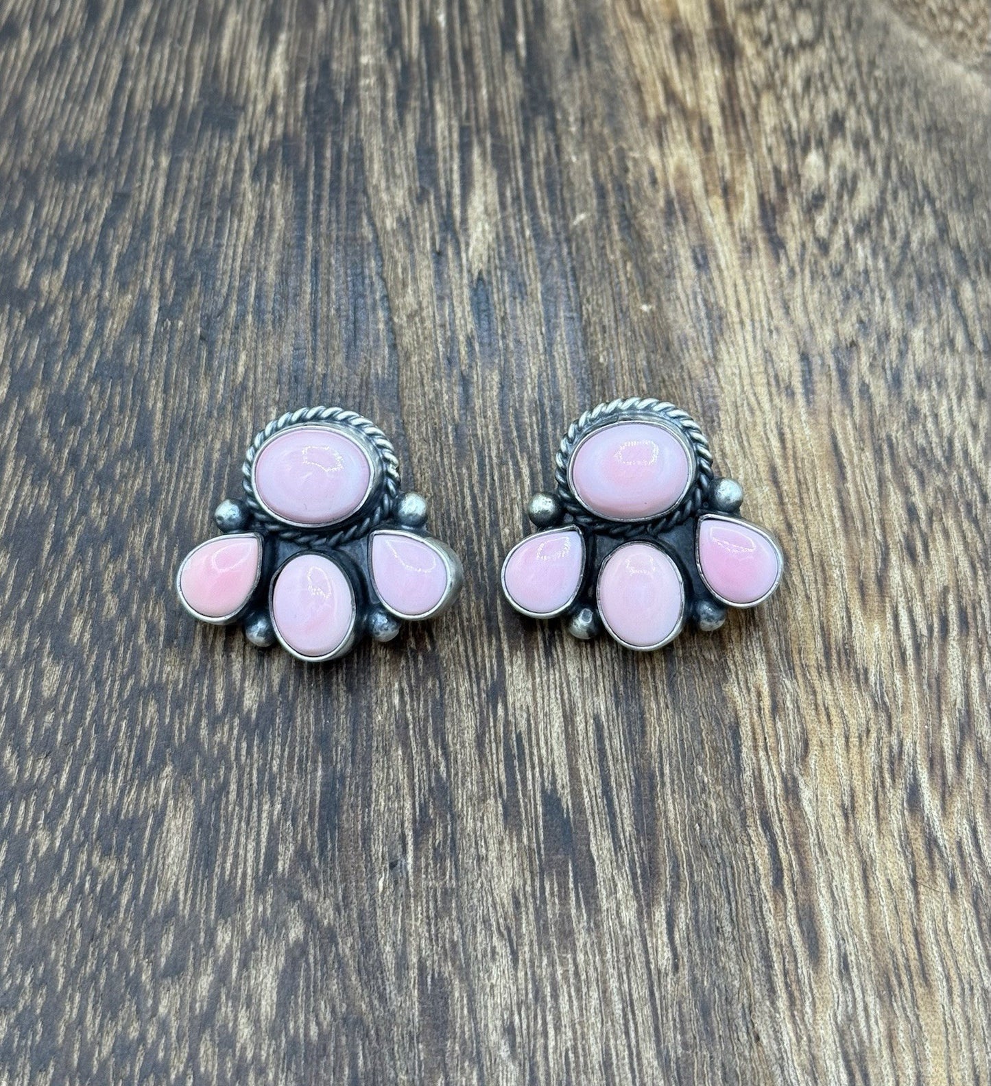 Native Navajo Handmade Sterling Silver Pink Conch Shell Cluster Earrings