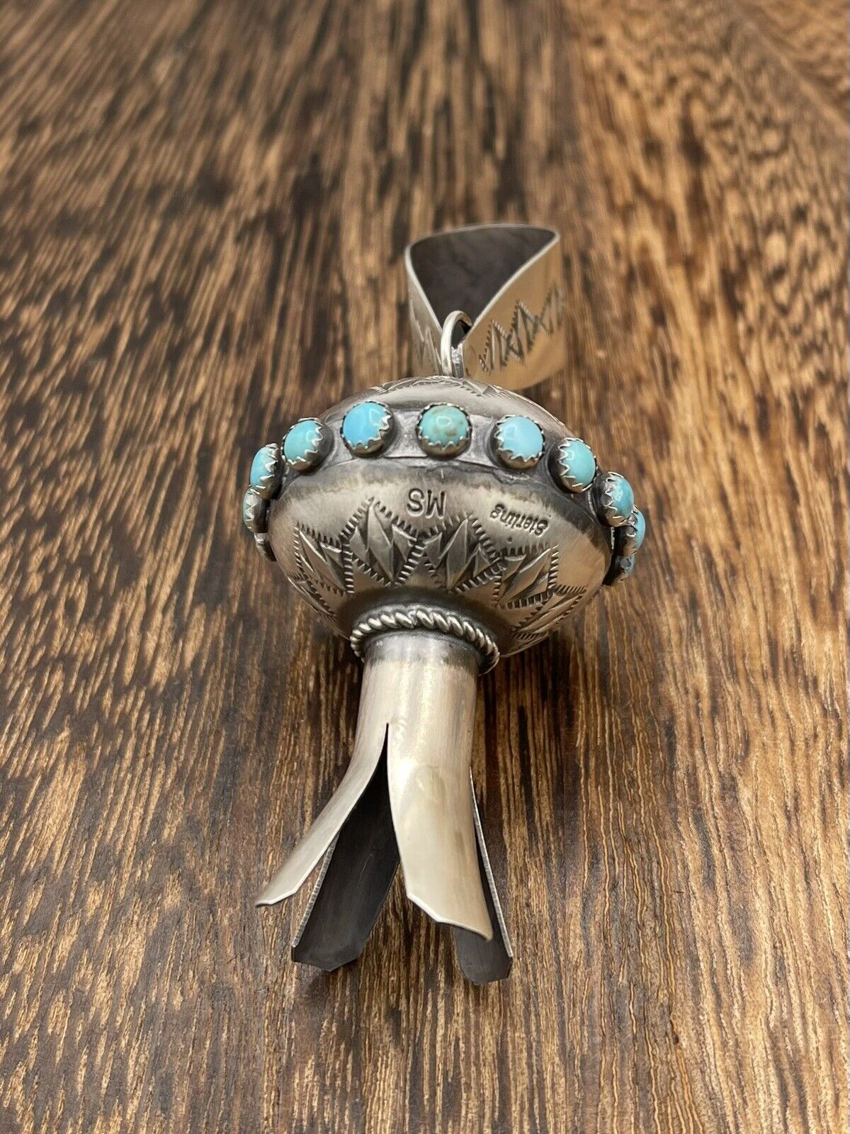 Native American Navajo Handmade Sterling Silver Turquoise Blossom Pendant