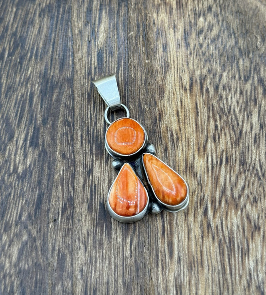 Navajo Handmade Sterling Silver Orange Spiny Oyster Shell Cluster Drop Pendant