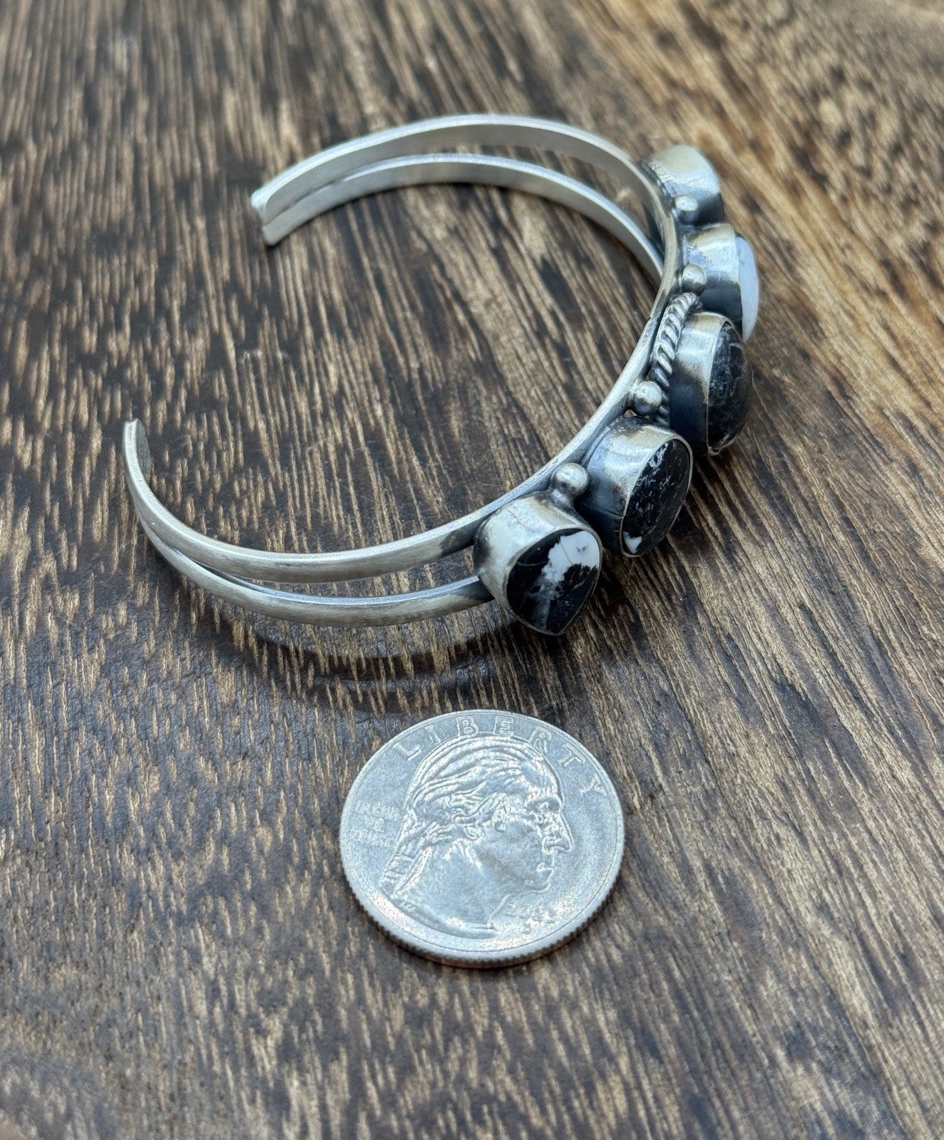 Navajo Handmade Sterling Silver White Buffalo Stacker Cluster Cuff Bracelet