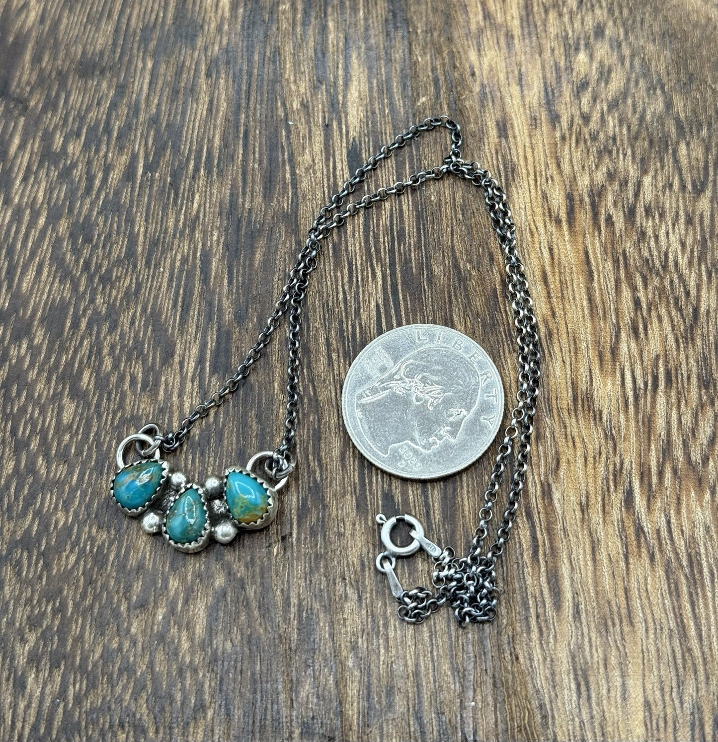 Native Navajo Handmade Silver Kingman Turquoise Cluster Bar Necklace 16”