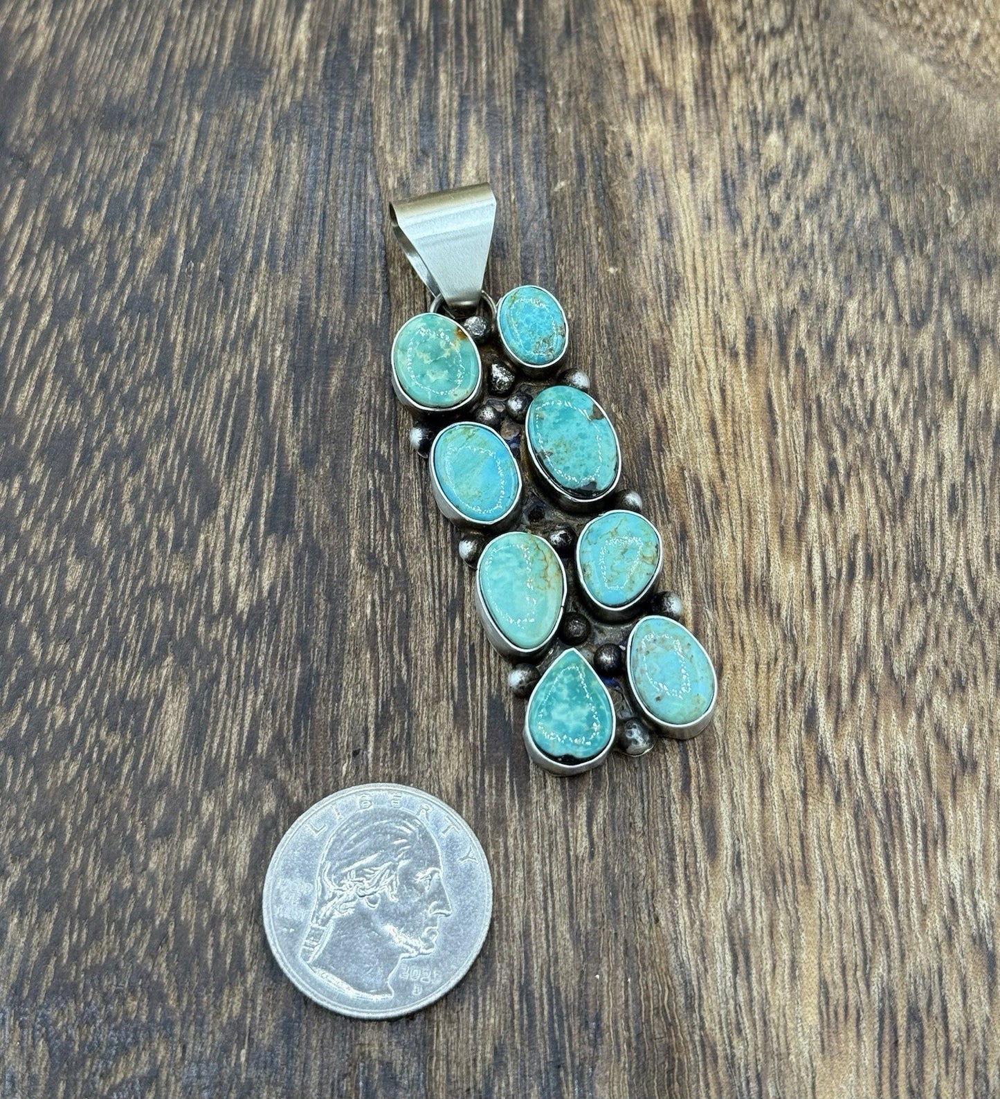 Native Navajo Handmade Sterling Silver Kingman Turquoise Cluster Drop Pendant