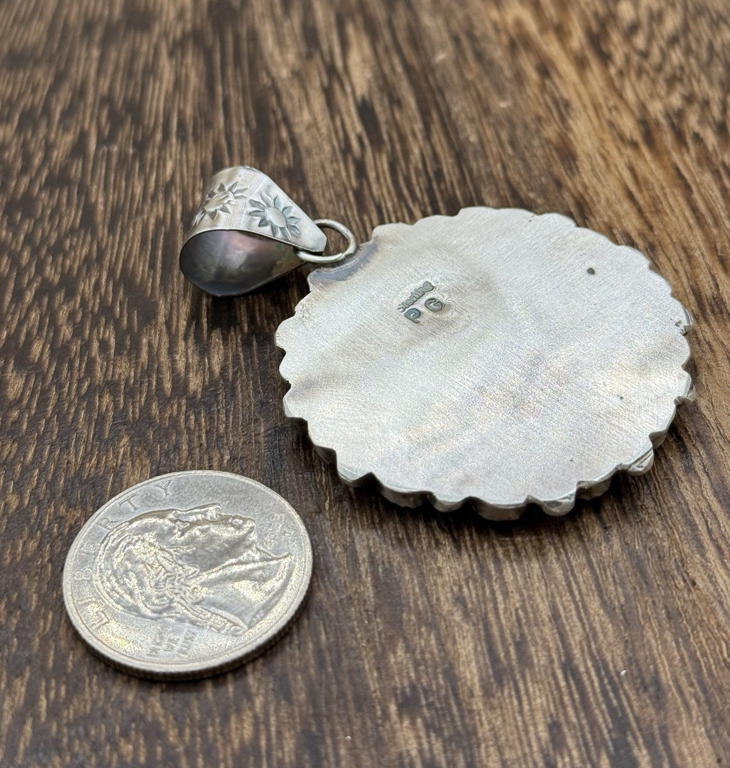 Navajo Handmade Sterling Silver Kingman Turquoise Cluster Buffalo Coin Pendant