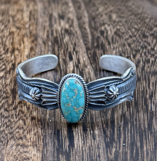 Navajo Handmade Sterling Silver Emerald Valley Turquoise Old look Cast Bracelet