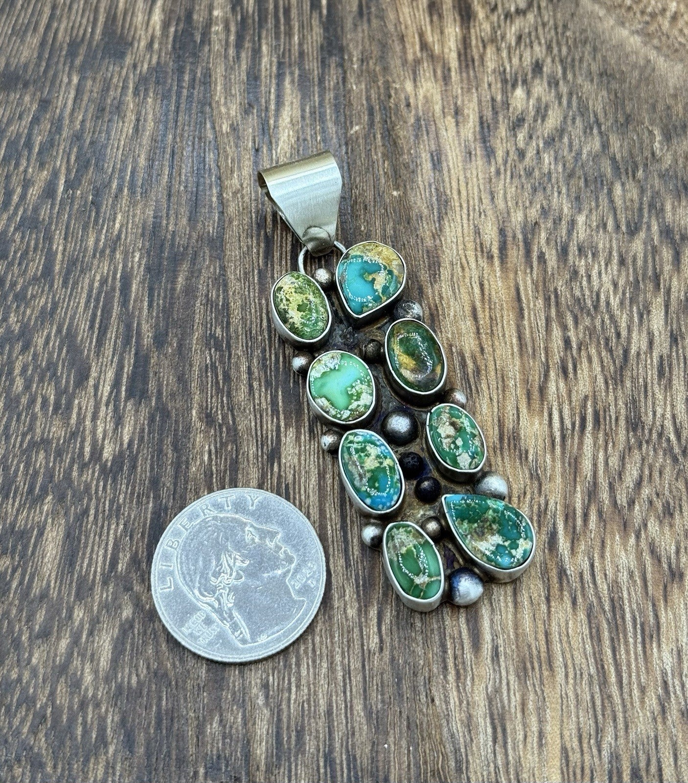 Navajo Handmade Sterling Silver Sonoran Gold Turquoise Cluster Drop Pendant