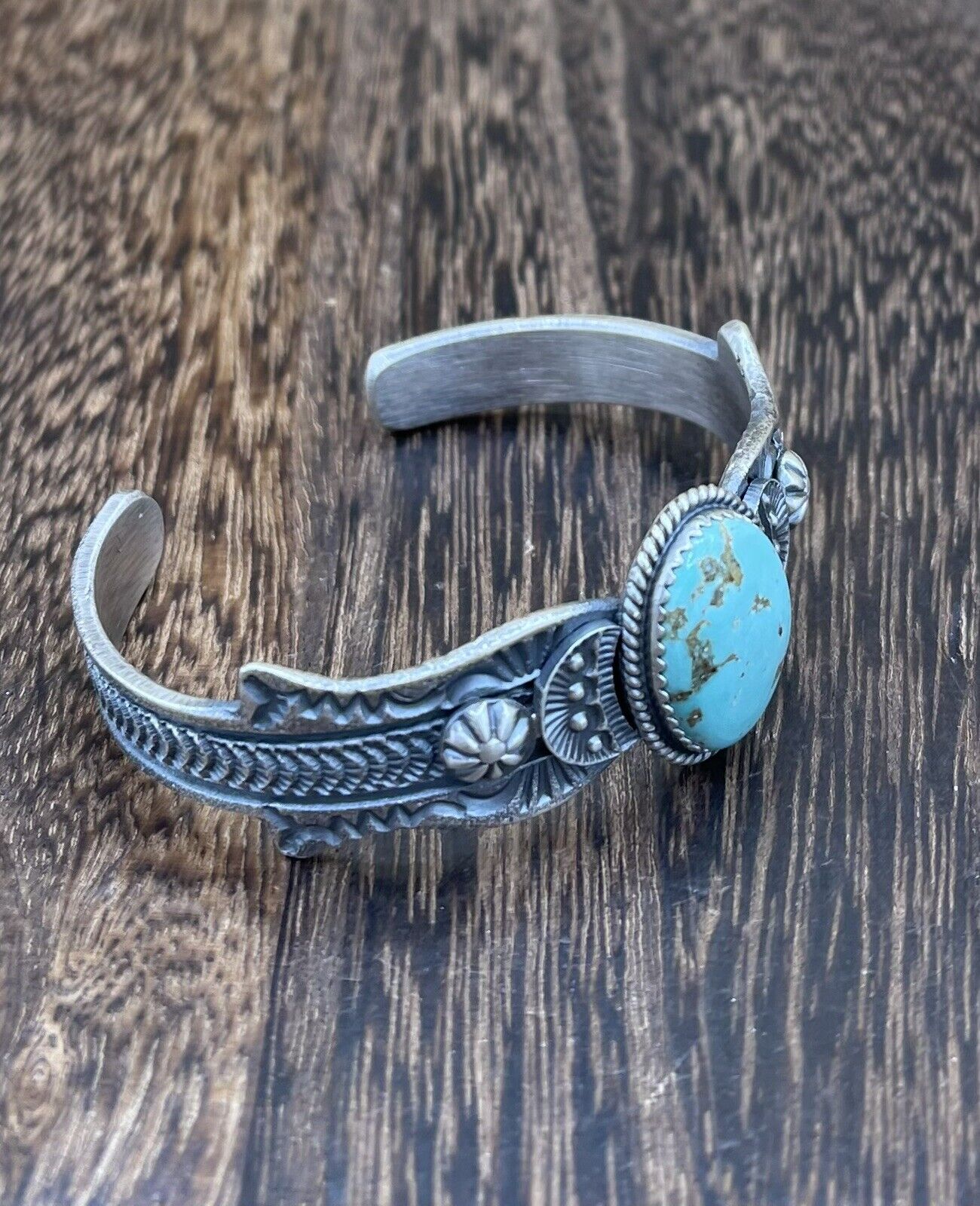 Native American Navajo Handmade Silver Kingman Turquoise Old look Bracelet