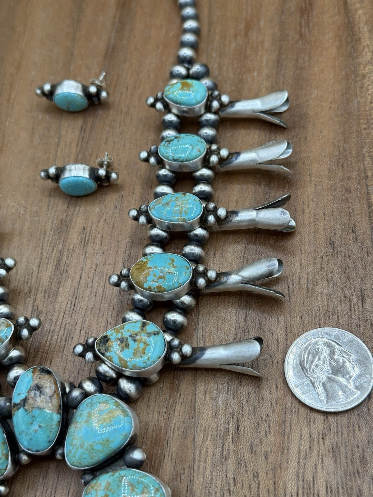 Navajo Handmade Sterling Silver Kingman Turquoise Squash Blossom Necklace 20”