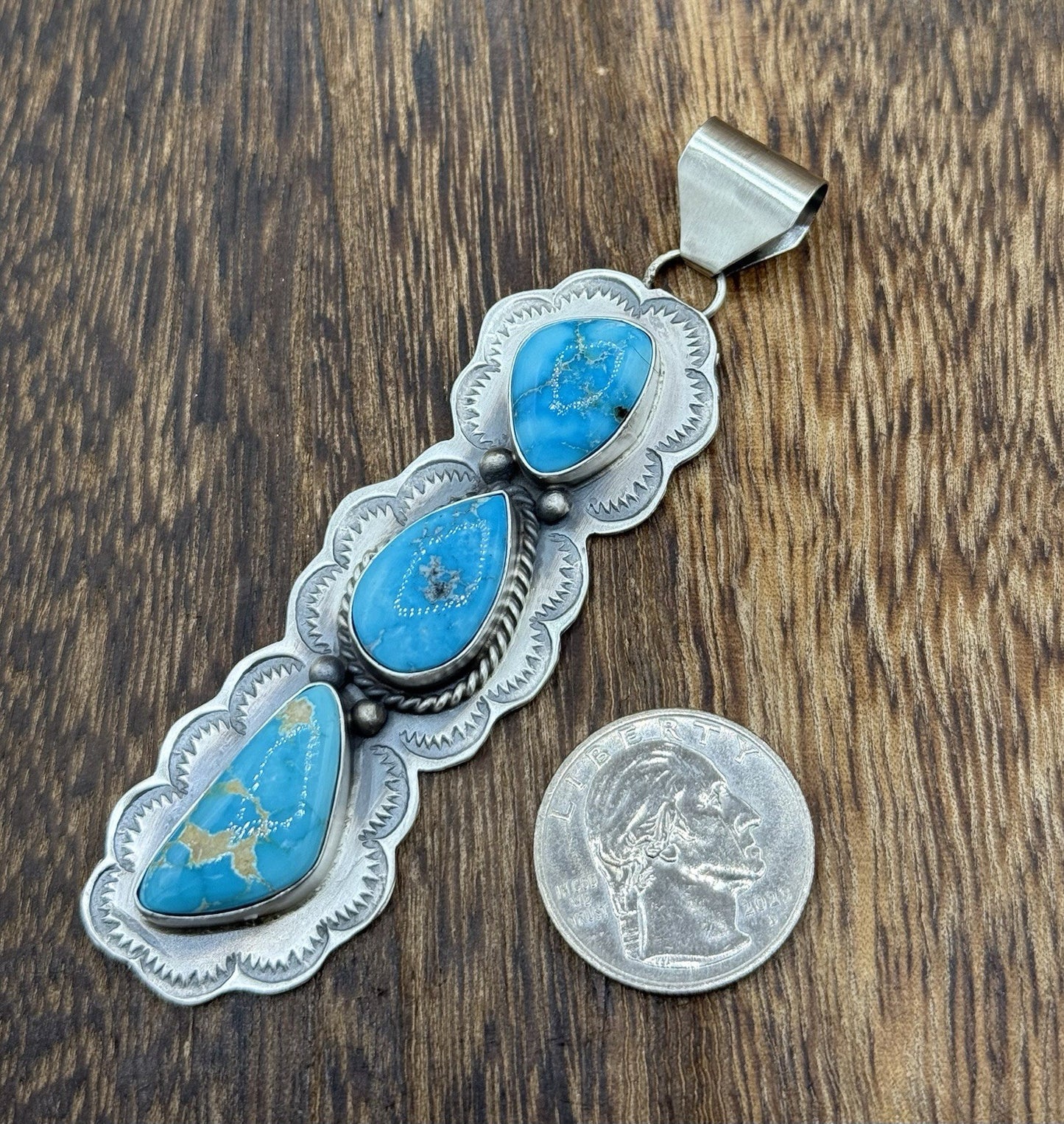 Native Navajo Handmade Sterling Silver Blue Bird Turquoise Stamped Drop Pendant