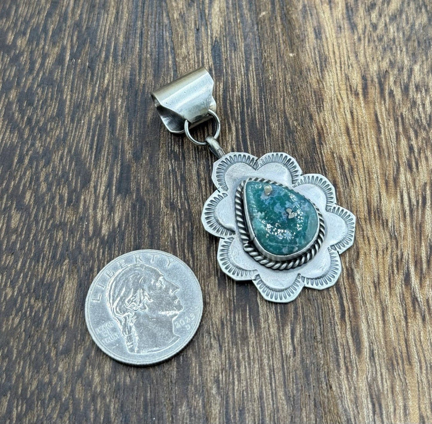 Navajo Handmade Sterling Silver Blue Bird Turquoise Stamped Design Drop Pendant