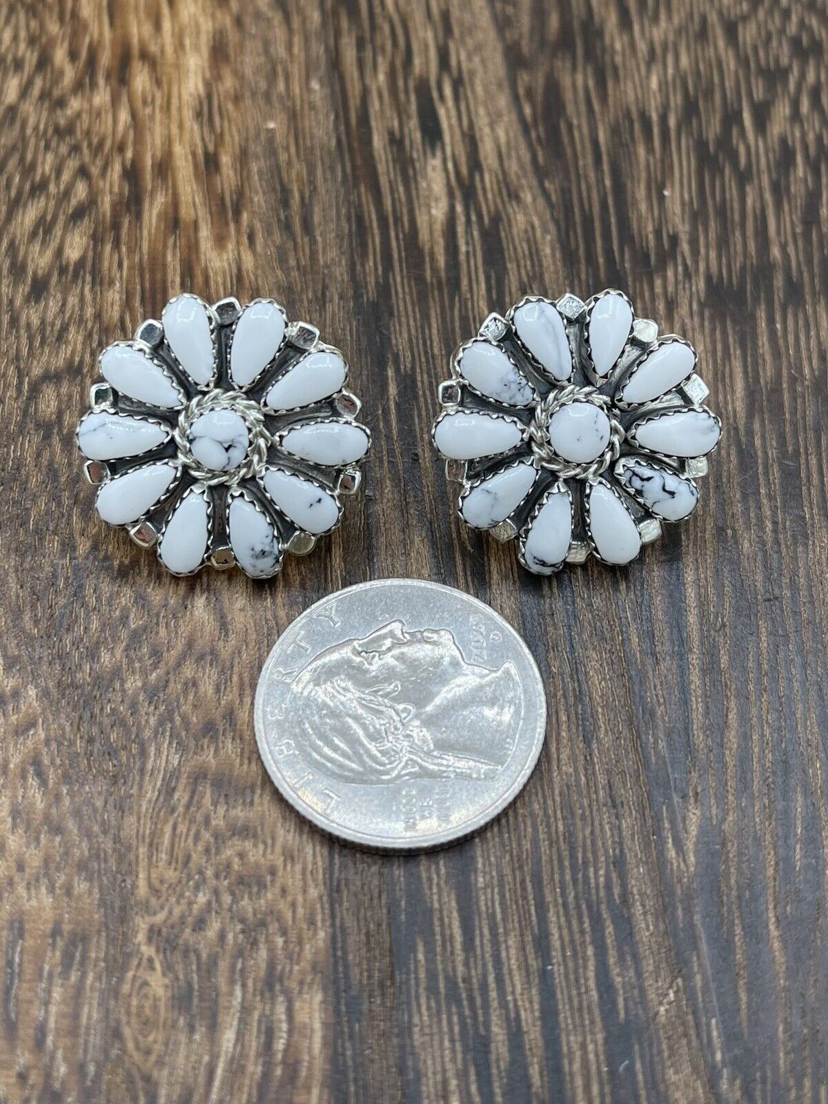 Native American Navajo Handmade Silver White Buffalo Cluster Stud Earrings