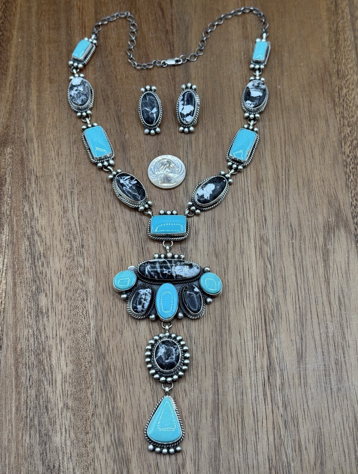 Navajo Handmade Sterling Silver Turquoise &White Buffalo Cluster Lariat Necklace