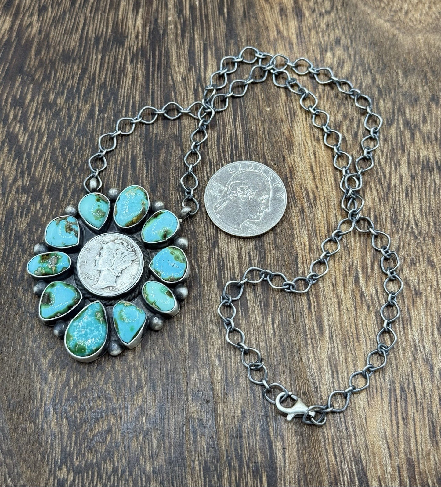 Navajo Handmade Silver Sonoran Gold Turquoise Liberty Coin Cluster Necklace 18”