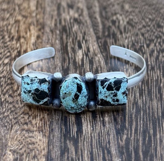 Navajo Handmade Sterling Silver Blackjack Turquoise Stacker Cuff Bracelet