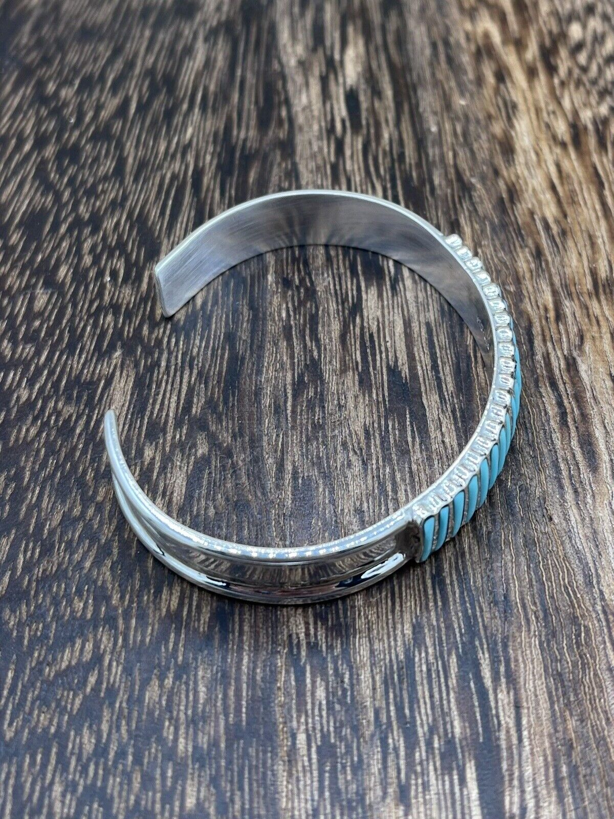 Native American Zuni Handmade Sterling Silver Turquoise Stacker Cuff Bracelet