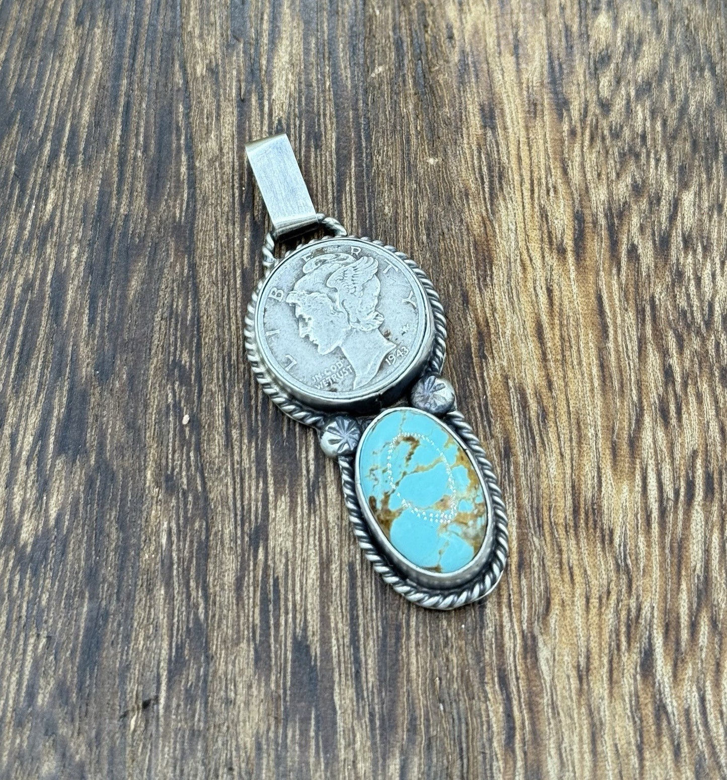 Navajo Handmade Sterling Silver Blue Glacier Turquoise Liberty Dime Coin Pendant