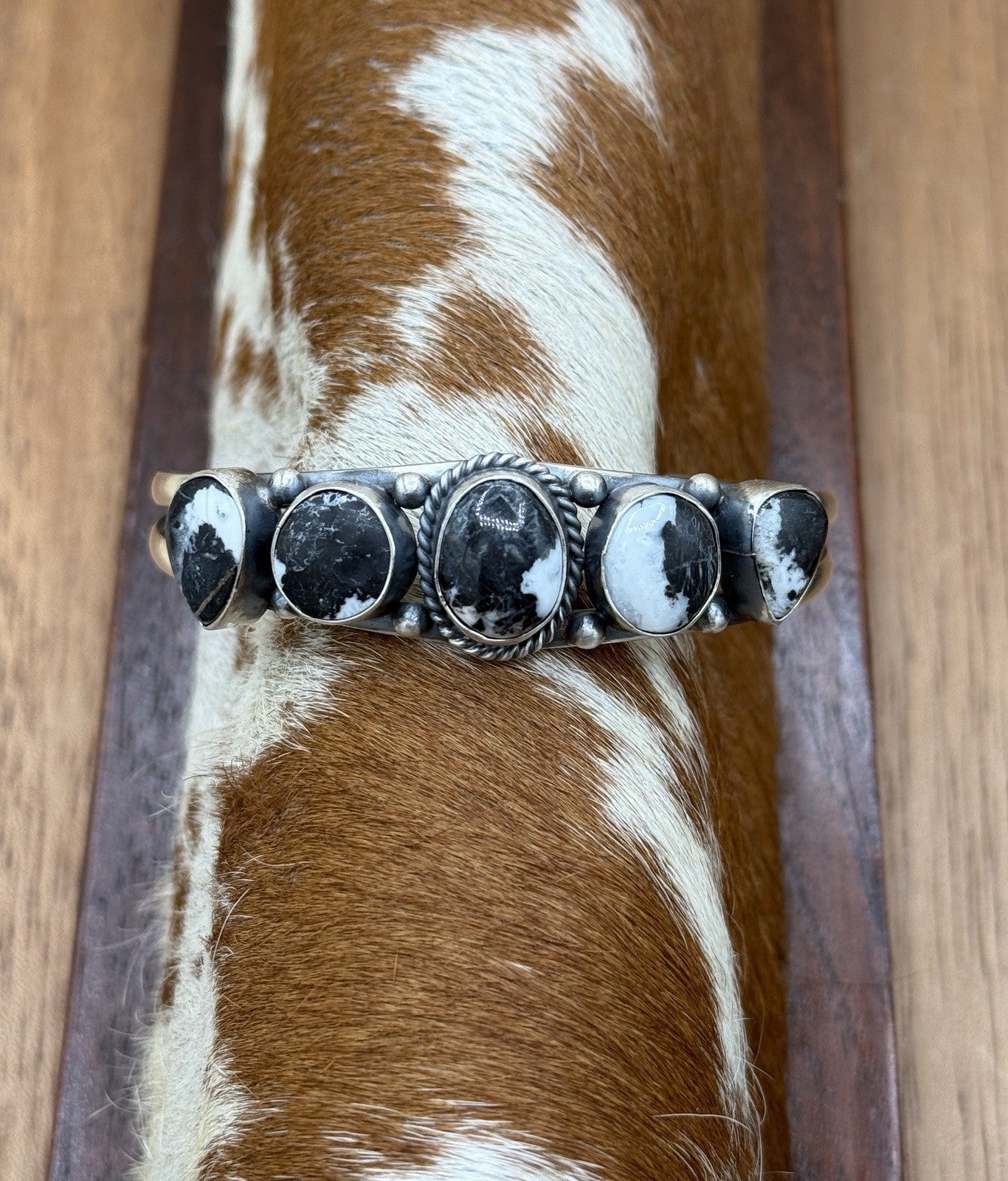 Navajo Handmade Sterling Silver White Buffalo Stacker Cluster Cuff Bracelet