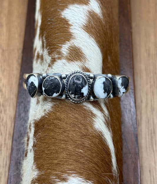 Navajo Handmade Sterling Silver White Buffalo Stacker Cluster Cuff Bracelet