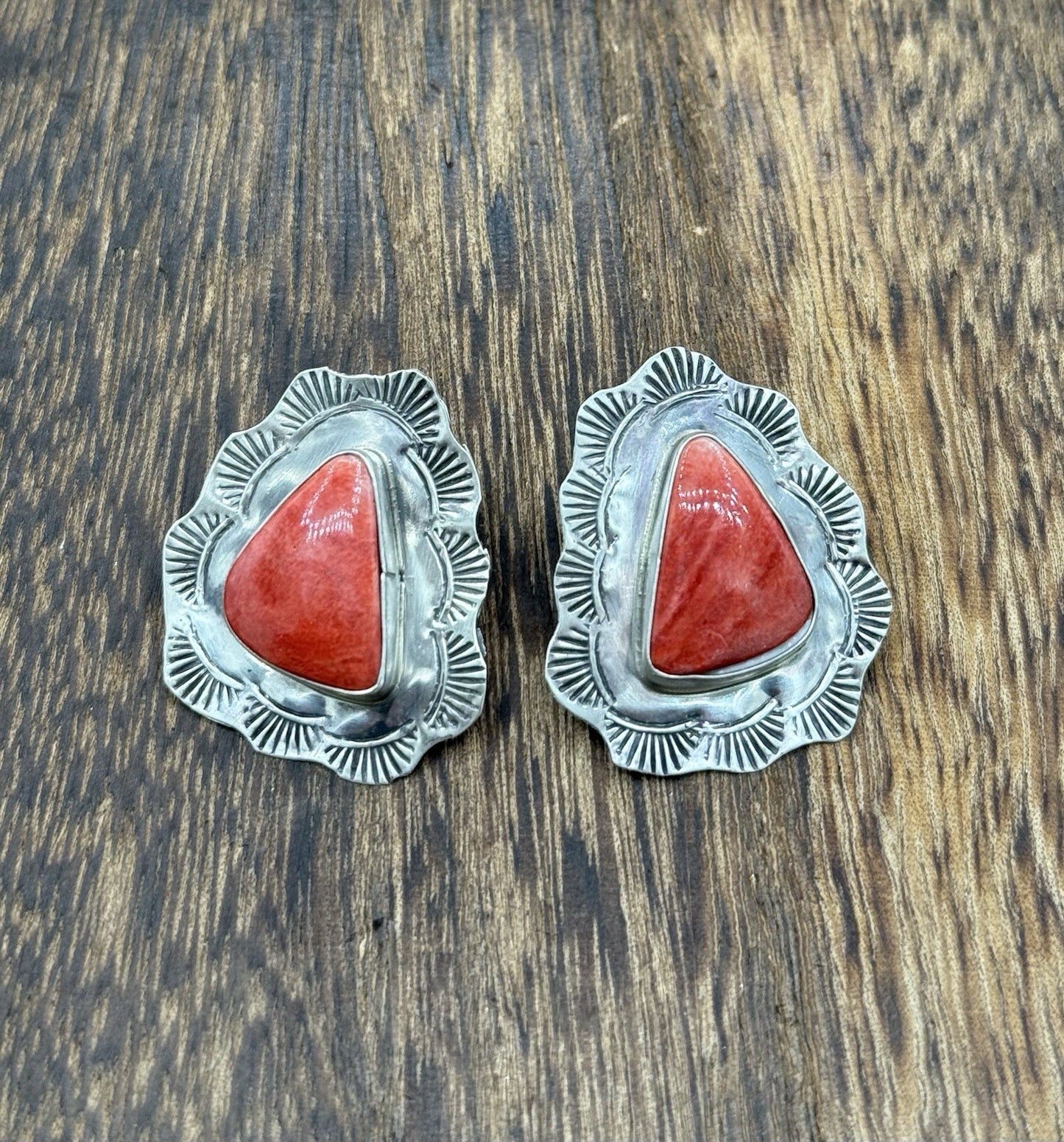 Navajo Handmade Sterling Silver Red Spiny Oyster Shell Stamped Post Earrings